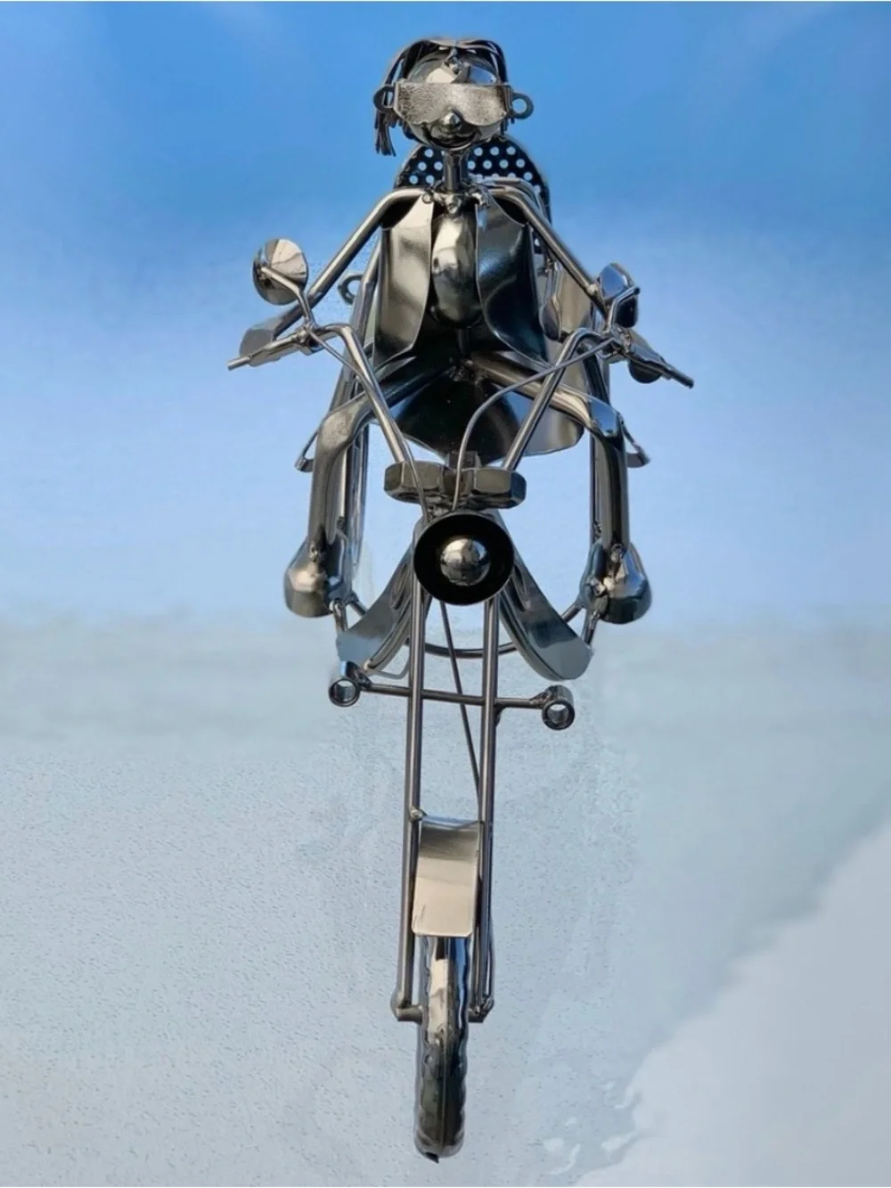 Metallic Steampunk Couple On A Motorcycle Single Wine Bottle Holder Sculpture